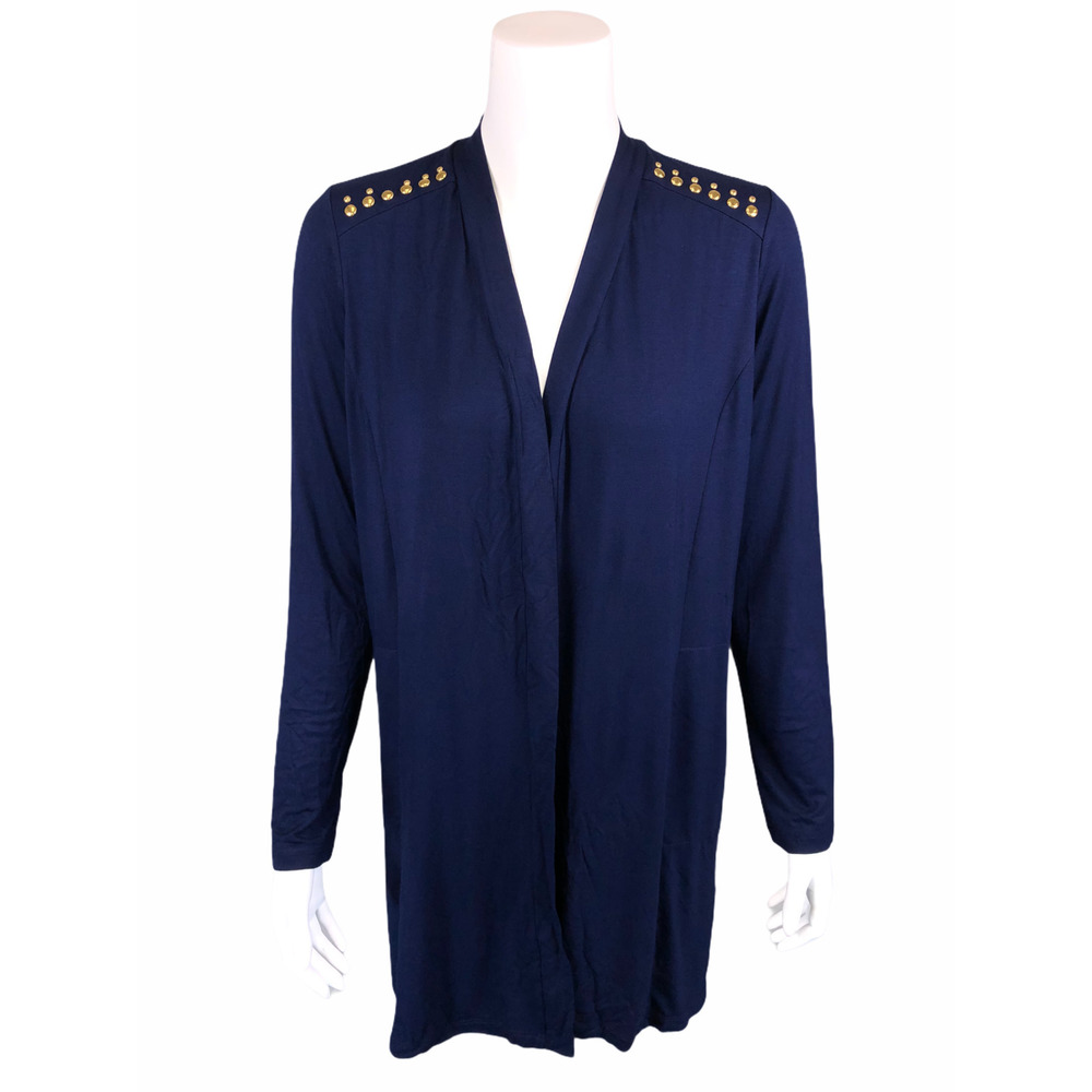 Dennis Basso Soft Touch Duster Cardigan with Rivets Solid Navy Blue Small Size